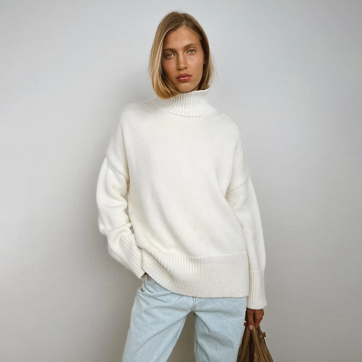 2024 Frauen pendeln einfarbigen High Neck Strick pullover