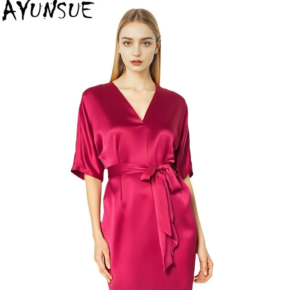 AYUNSUE 19Mm 100% Real Mulberry Silk Pajama Women Sleepwear Night Dress Woman 2026 Summer Clothes Women's Home Clothes Lace-up