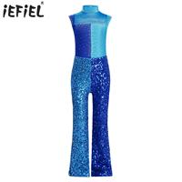 Rhinestones Rhythmic Gymnastic Figure Skating Jazz Ballet Unitards Jumpsuit for Kids Girls Glittery Sequins Disco Dance Costume