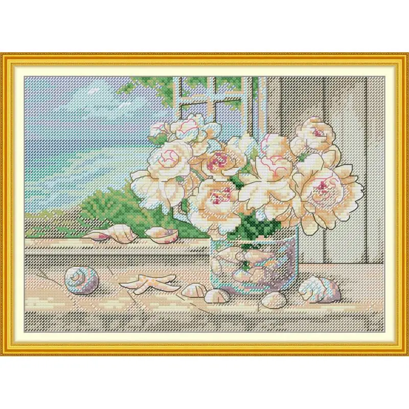 

Maydear Full Cross Stitch Kit,11CT/14CT/16CT/9CT Aida Fabric,DMC Threads Sewing Pattern Embroidery Set-Seaside bay window