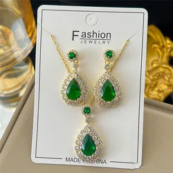 316L Stainless Steel Chain Emerald Love Star Sky Gem Pendant Necklace Earring Set Three-piece Wedding Jewelry Set