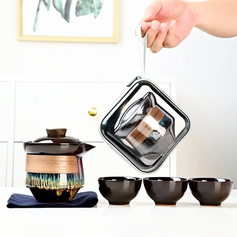Portable Travel Tea Set Outdoor Tea Bag Ceramic One TeaPot with Three Cups, Storage Bag, Teaware, Quick Guest Teacup