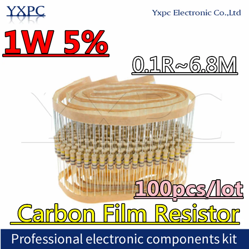 100pcs 1W Carbon Film Resistor 0.1R~6.8M 5% 1R 10R 100R 220R 330R 470R 1K 2.2K 4.7K 10K 22K 47K 100K 1M 10R 100 220 330 470 ohm