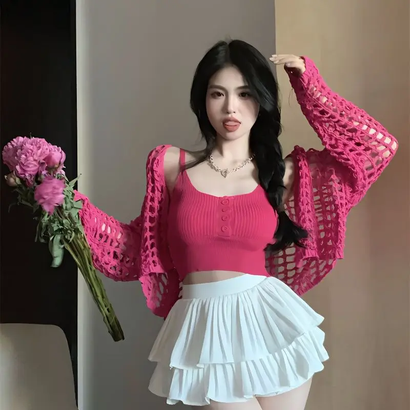 Camisole Sets Women Hollow Out Special Seductive Simple Solid Ladies Korean Style Leisure Popular Classics Elegant Lovely New