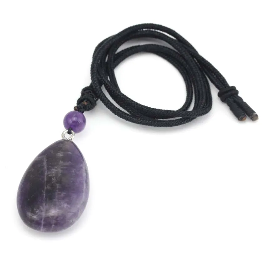 Crystal Water Drop Pendant Natural Amethyst Rose Quartz Lapis Lazuli Black Onyx Stone Pendant Adjustable Rope Chain Necklace