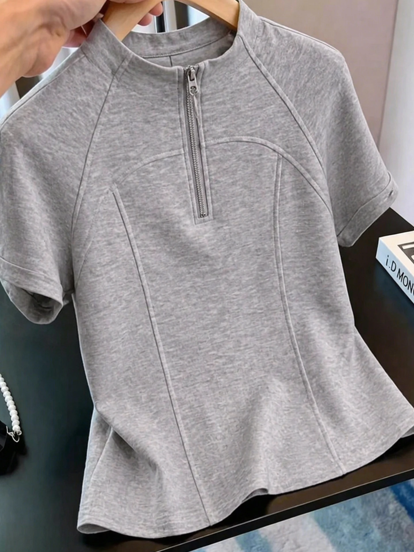 

Korean Style Slim Fit Short Sleeve T-Shirt Zipper Collar Pure Color Women's Top Fashionable Versatile Summer Shirt