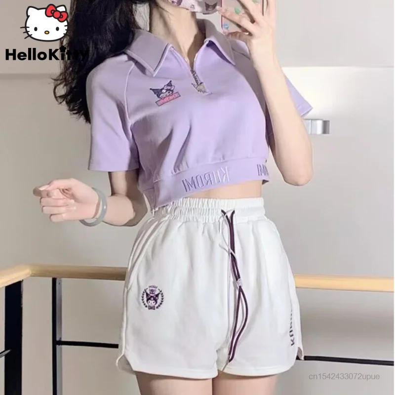 

Sanrio Kuromi Clothes Matching Set Women Korean Japan Style Crop Top Shorts 2 Piece Sweatsuit Y2k Fashion Cotton Short T-shirts