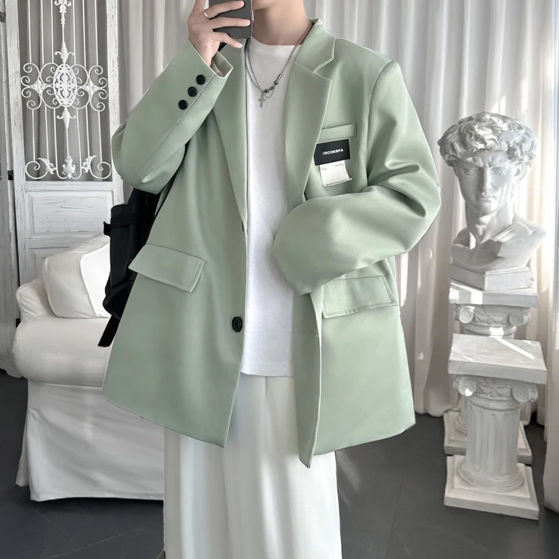 New Fashion Men Casual Blazer Jacket Solid Label Patch Big Size Clothes Streetwear Korean Style Oversized Suit Coat Male