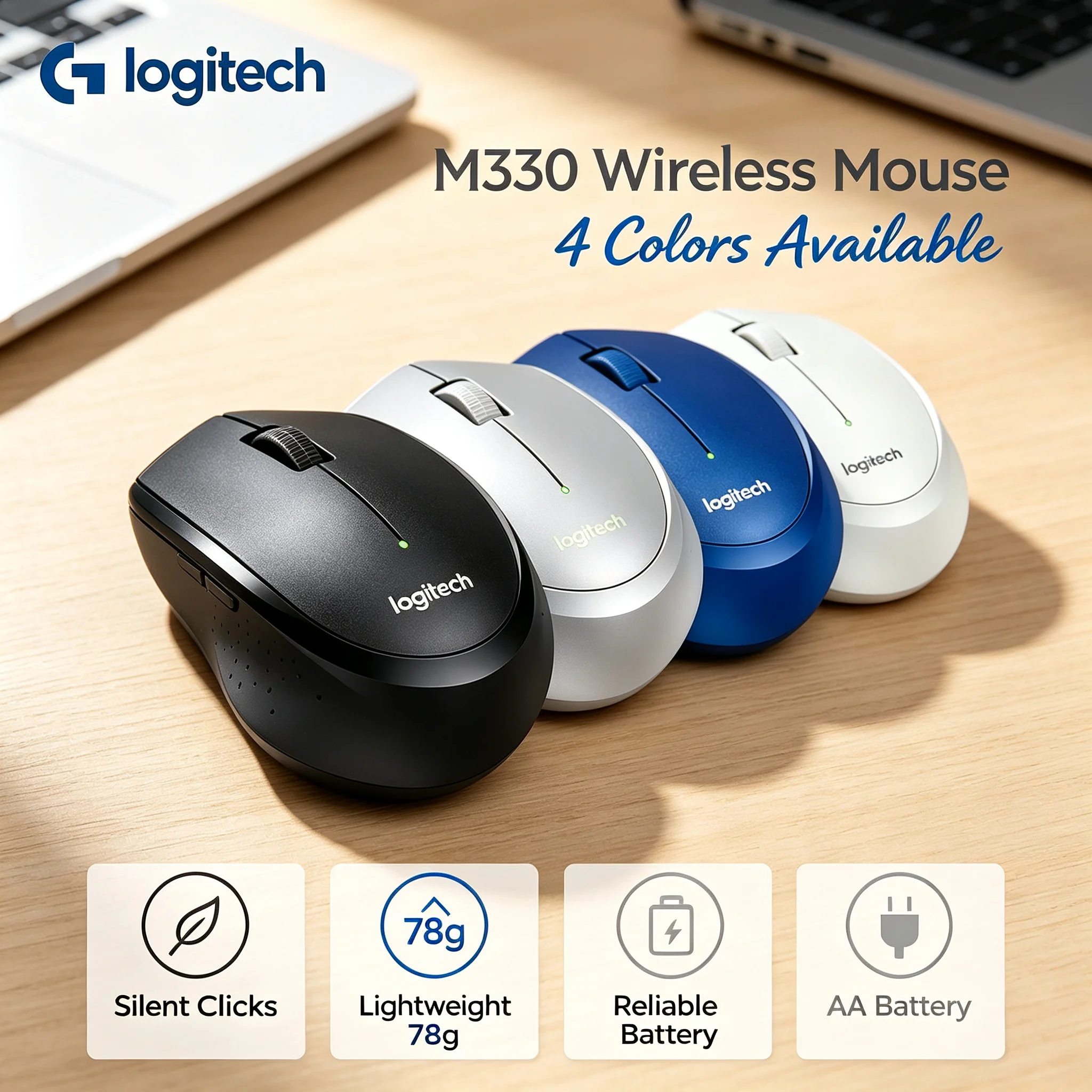 Logitech M330 Ergonomic Wireless Silent Mouse With Mini USB Receiver Quiet Click For Laptop Desktop PC