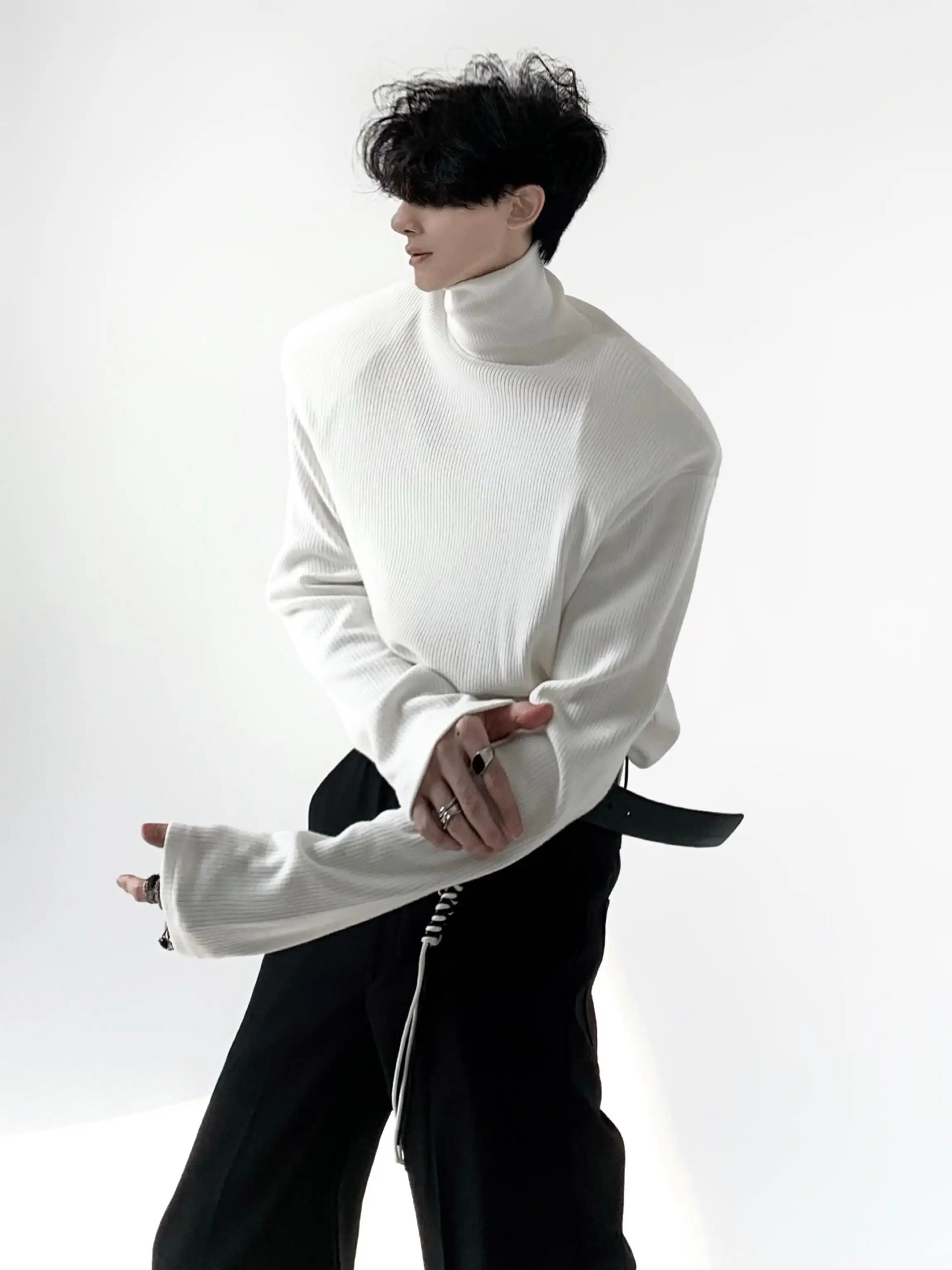 Men's High Collar Thickened Long Sleeve Base Shirt Shoulder Pads Autumn Winter Black Inner Wear  Brand Korean Style
