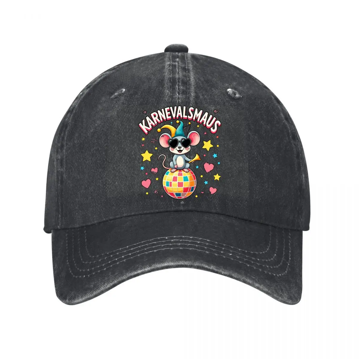 Karnevalsmaus Carnival Mouse Jester Trumpet Disco Ball Hearts Stars New Vintage Washed Cotton Baseball Cap Sun Hats