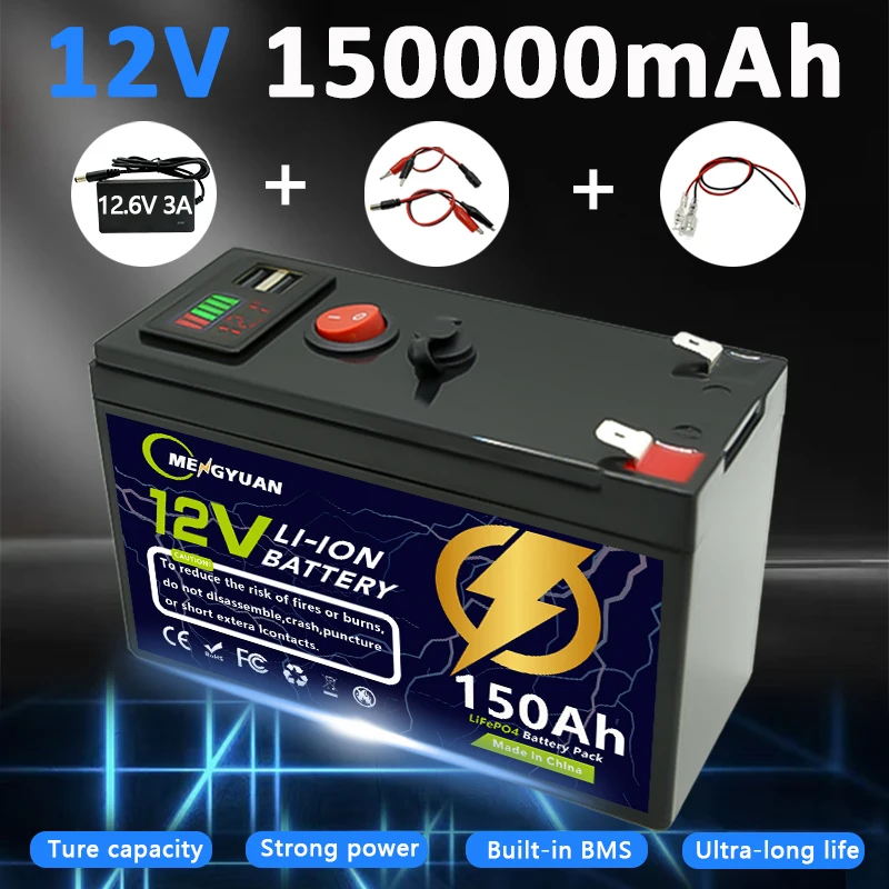 

12V 18650 Lithium Battery 150Ah LiFePO4 4000+ Deep Cycles Built-in BMS,for UPS, Kayak Fish Finder, Solar Panel,Power Wheels