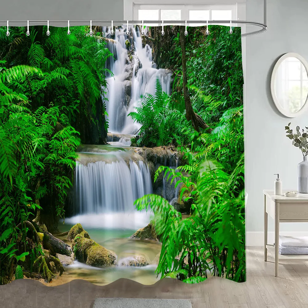 Forest Shower Curtains Sunshine Green Trees Plants Brown Window Nature Landscape Polyester Bathroom Curtain Set Decor with Hooks