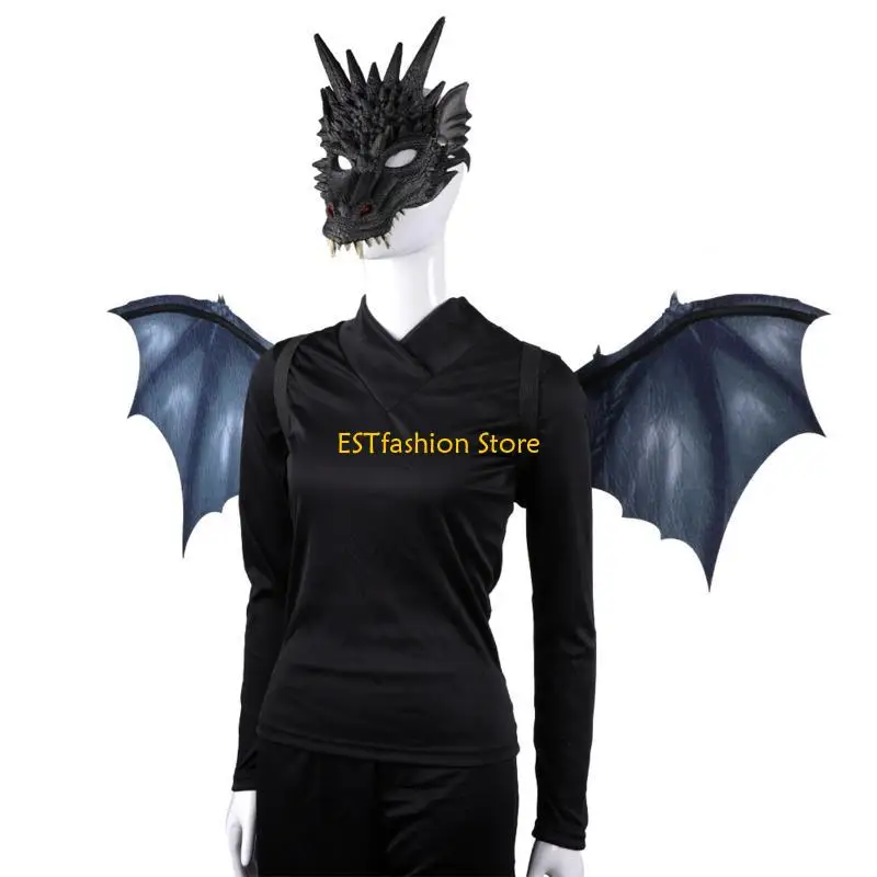 Y5GC Realistic Dinosaur Cosplay Mask and Wings Set hally Halloween Dragon Costume con cinturino per elasticità per donne adulte
