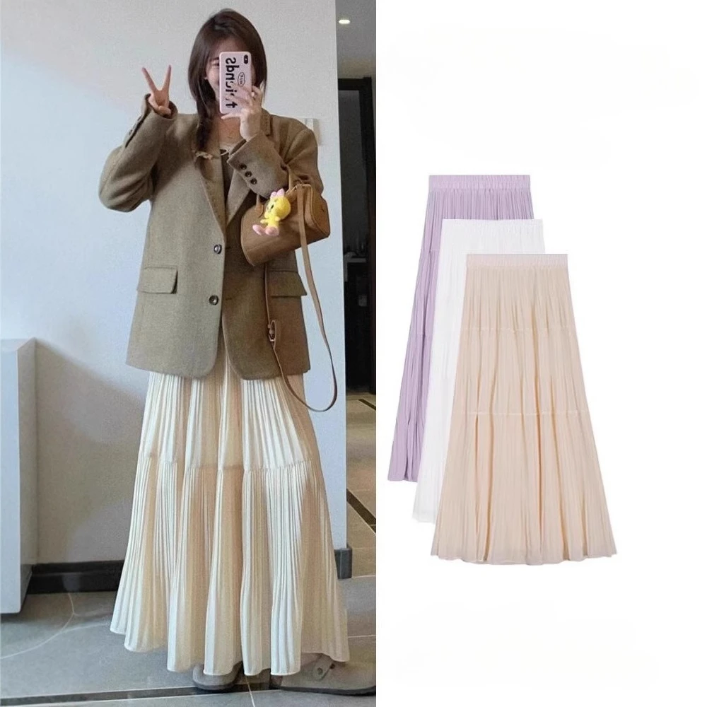 

Half Skirt Women's New Spring and Summer High Waist Slimming A-line Umbrella Skirt Pleated Chiffon Cake Mid Length Skirt