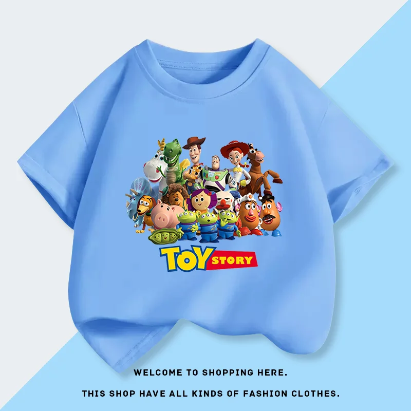 2025 قصة لعبة مطبوعة موضة الأطفال تي شيرت قصير الأكمام جديد الصيف الأولاد القطن الخالص ملابس الأطفال