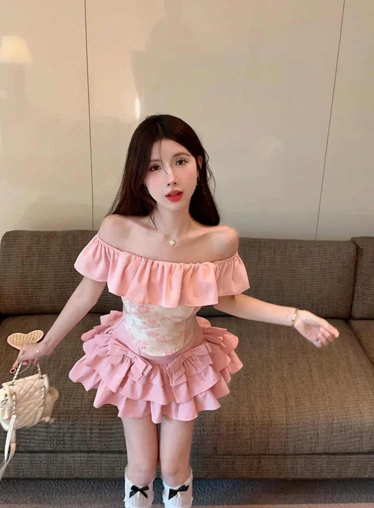 

Sweet Spicy Girl Ballet Sle Ruffle Hem One oulder Top Skirt Set Summer New Cake ort Юбка Комплект из двух предметов для женщин