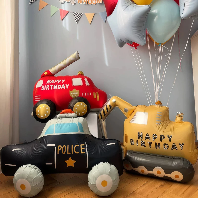 Police car, fire truck, excavator aluminum foil balloons children's birthday party scene setup car theme decoration set