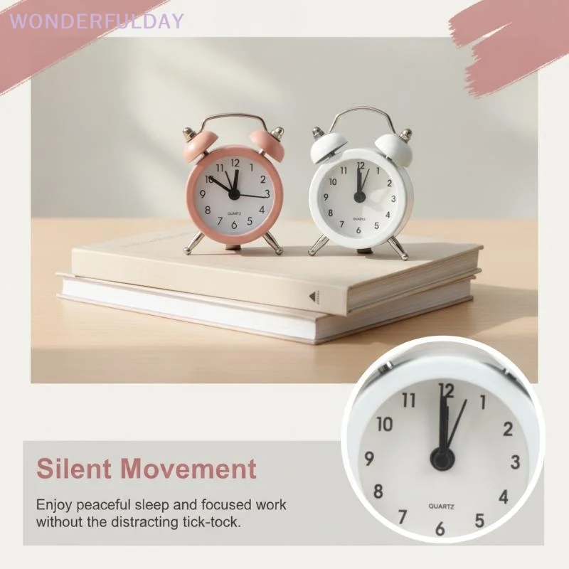 Mini Retro Twin Bell Alarm Clock Non-Ticking Loud Analog Wake Up Timer for Heavy Sleepers Bedroom Office Desktop Decor