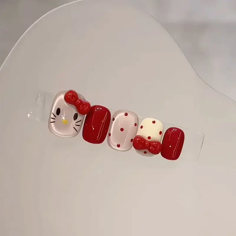 New Kawaii Sanrio Red HelloKitty Wearing Nail Art Anime Cartoon Handmade Cute Bows Beauty Student Accessories Christmas Gift