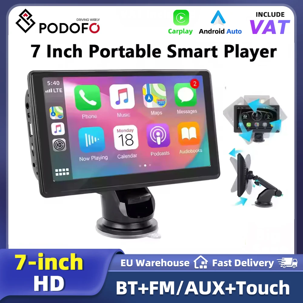 Podofo Uniwersalny 7-calowy Odtwarzacz Multimedialny MP5 do Samochodu z Przenośnym Ekranem Dotykowym, Obsługujący Airplay, Bezprzewodowy Carplay, Android Auto, Odtwarzanie Muzyki przez Bluetooth