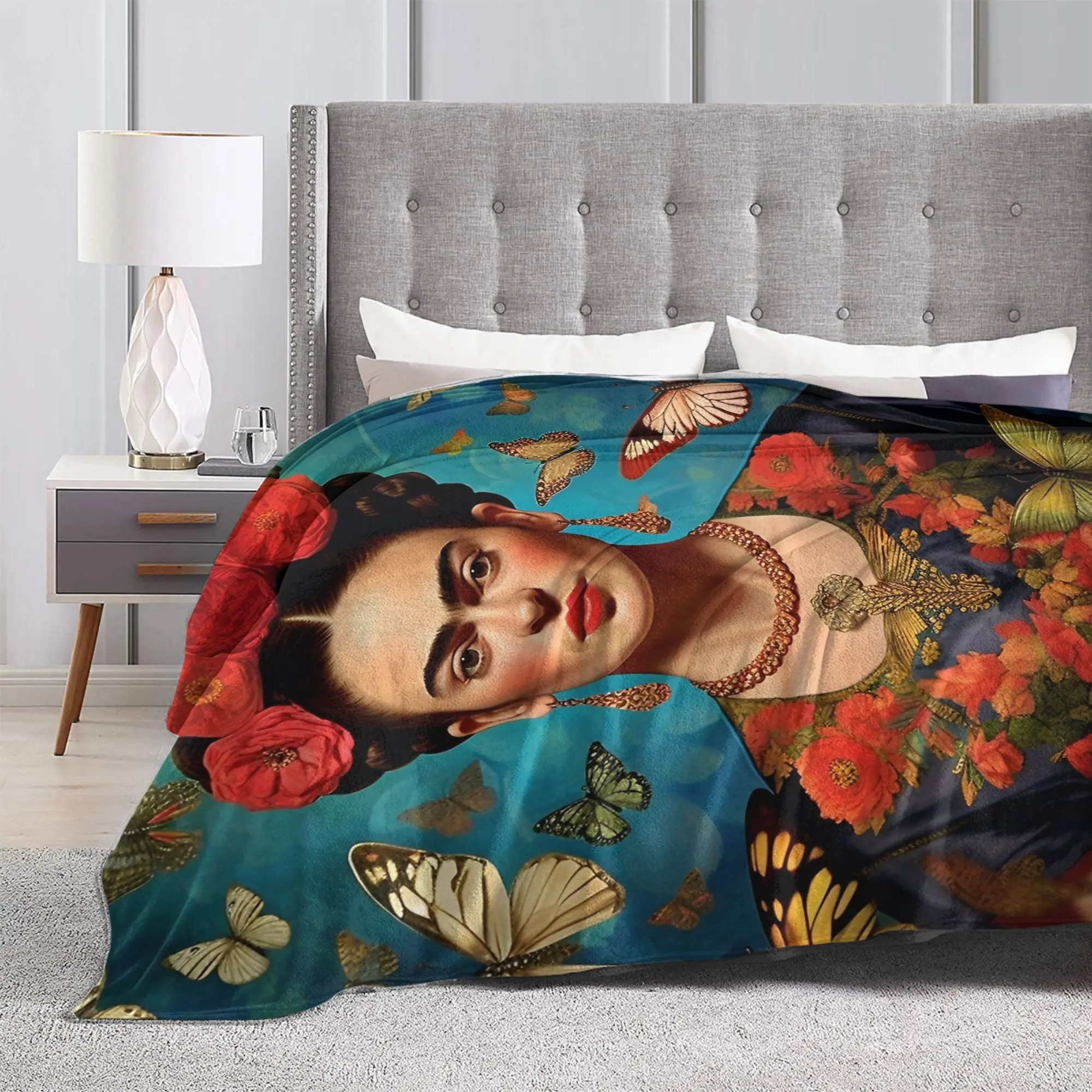 F-Frida K-Kahlo Farfalle Coperta in pile per tutte le stagioni, traspirante, leggera, sottile, per biancheria da letto, tappeto da ufficio