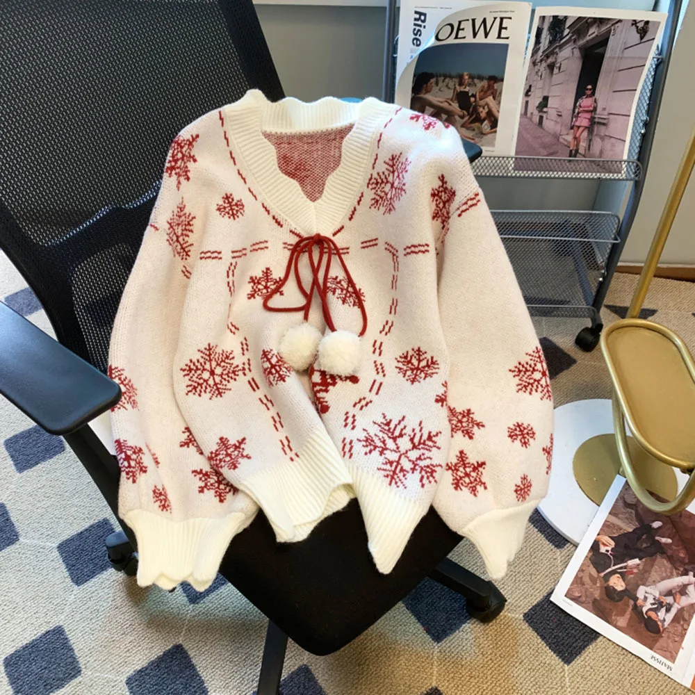 

Autumn Winter Christmas Snowflake Sweater For Women V-neck Lace-up Pullovers Vintage Pull Femme Loose Chic Tops Jumpers Ladies