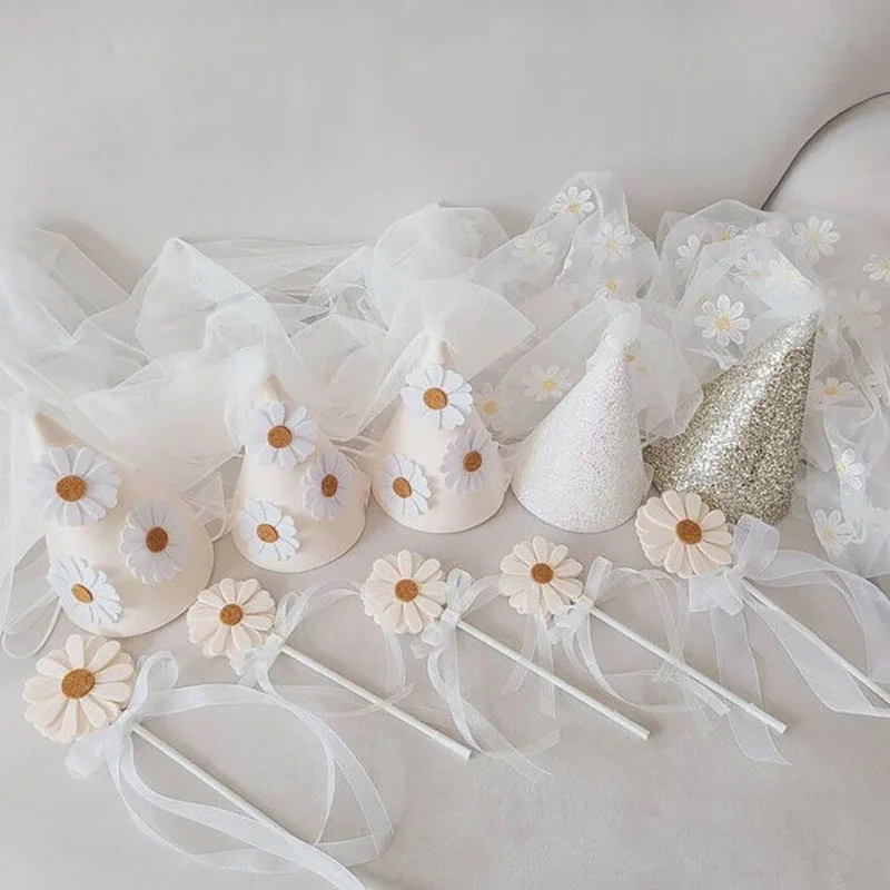 INS First Kids Birthday Daisy Felt Hat Baby Girl Flower Party Hat Mesh Headwear