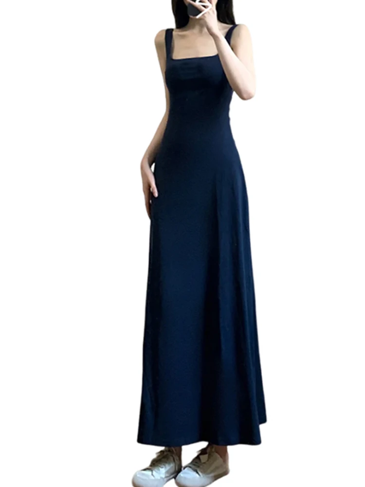 French Solid Color Summer New Women Dress Sweet Elegant Lady Simple Woman Dress Slim Basic Sleeveless Dress Dark Blue Female