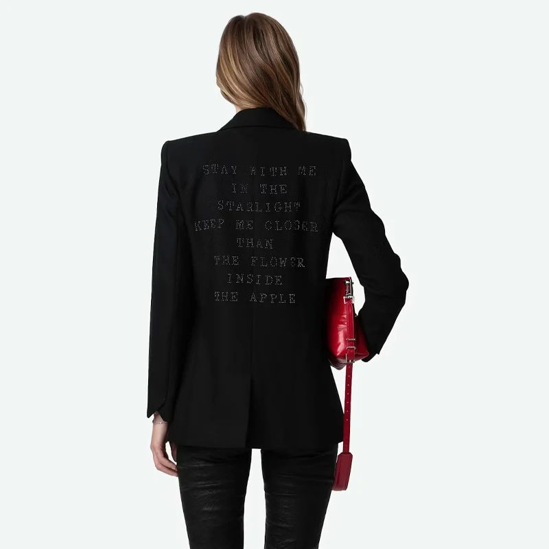 Zadig Black Blazers Female Back Letter Diamond Blazer Women Chic Elegant Lapel Suit Formal Occasion Jackets Casual Button Suits