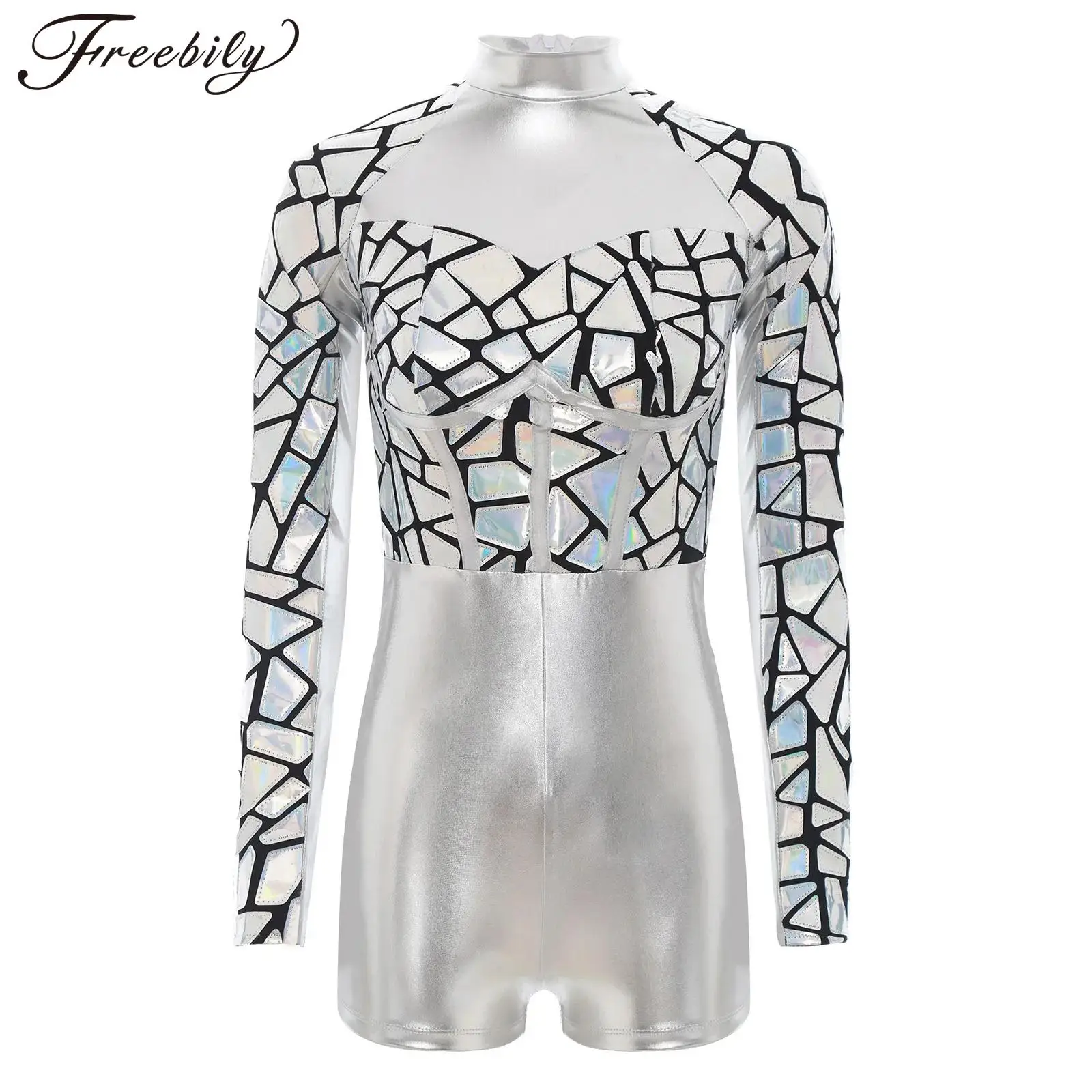 

Женский костюм для косплея на Хэллоуин, Галактика, принцесса, космический воин, инопланетянин, блестящий металлик с длинными рукавами, боди, гимнастический танцевальный купальник