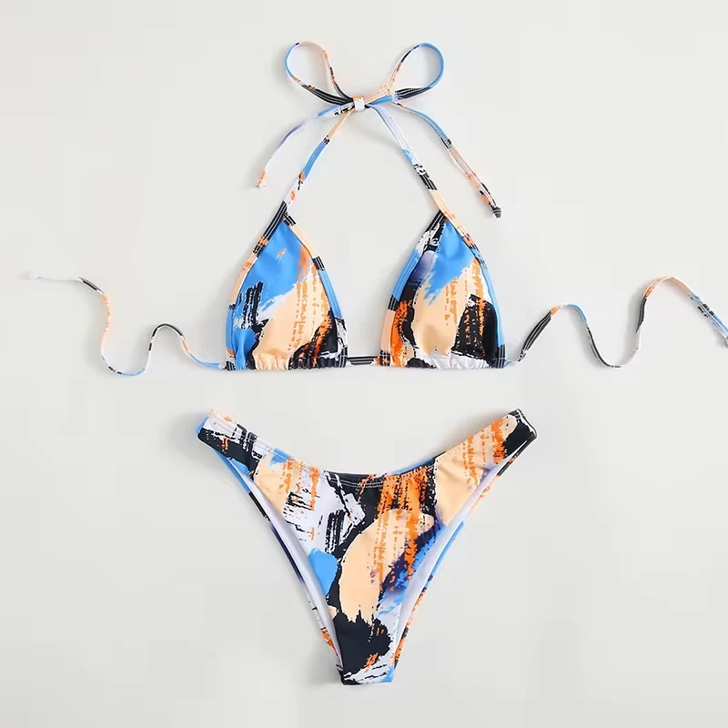 

2024 New Sexy Bikini Swimwear Bathing Suit Swimming Suit for Women Lace Up Neck Hanging Print High Waist Swimsuit