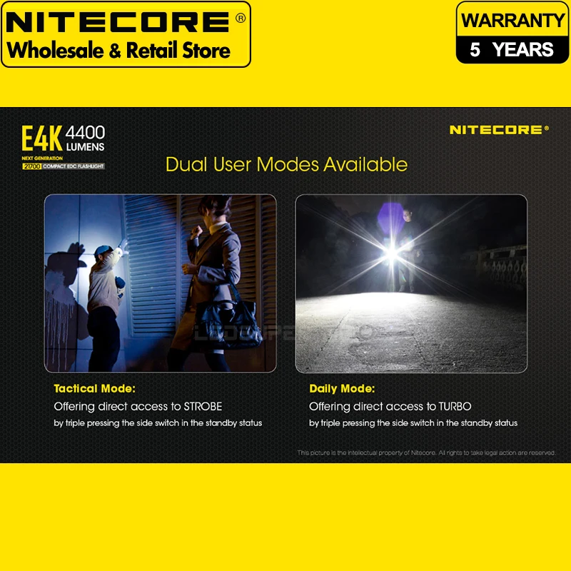 4400 Lumens NITECORE E4K 4 x LEDs Compact EDC 21700 Flashlight with 5000mAh Li-ion Battery