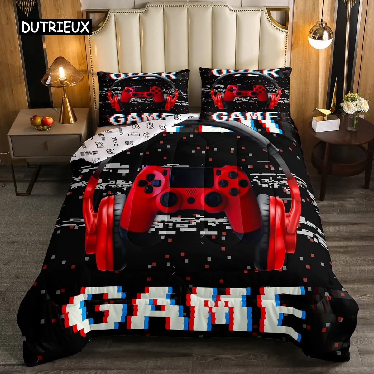 Gaming Bedding Set Game Bed Cover 135 for Adults Kids Soft Microfiber Modern Gamepad Duvet Cover Decorative with Pillowcase