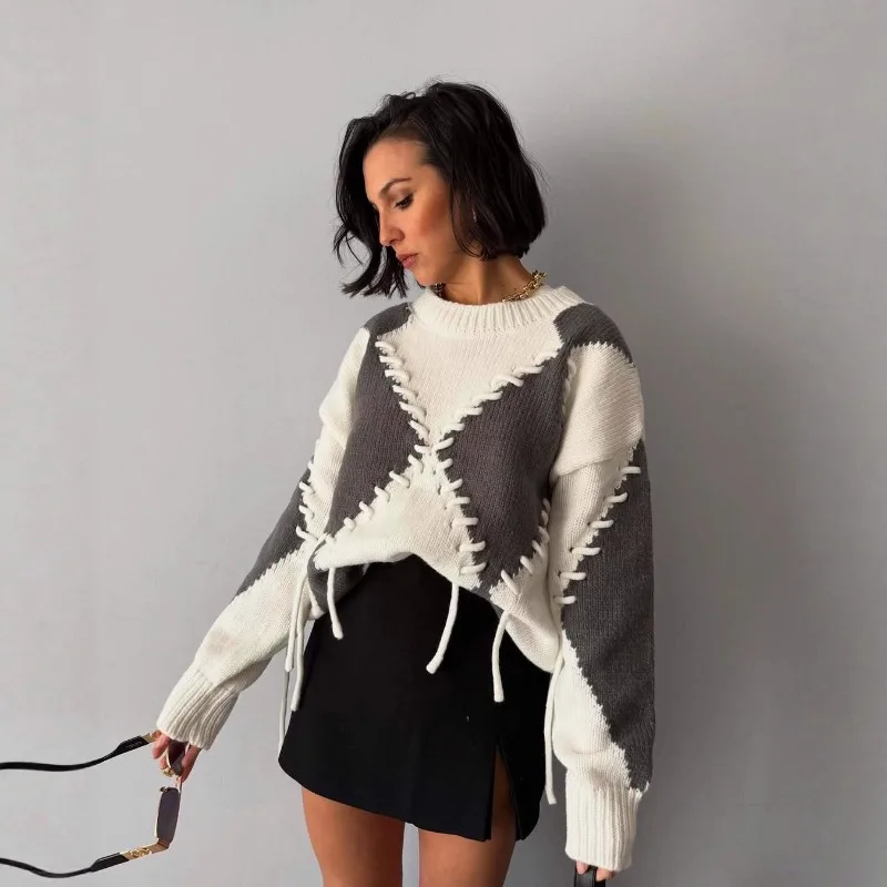 

new autumn winter women features round-neck long-sleeved color-blocking diamond-shaped design knitted pullover rope tie sweater