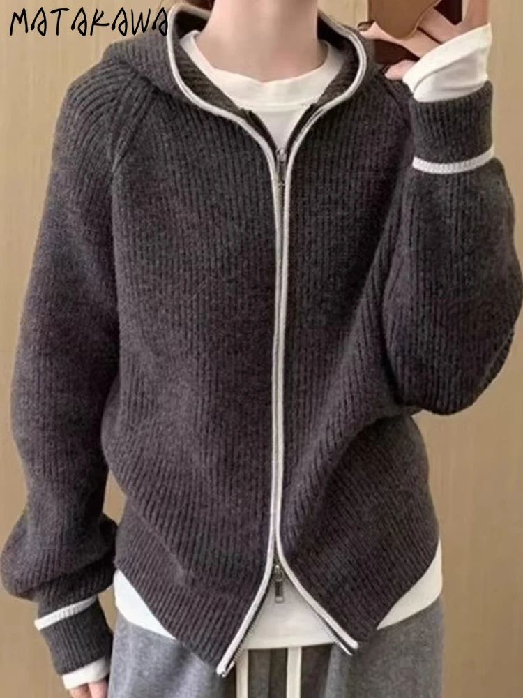 

Matakawa Hooded Cardigans Woman Stripes Autumn Winter Korean Fashion Sweaters Contrast Color Zipper Thick Warm Sueter Mujer