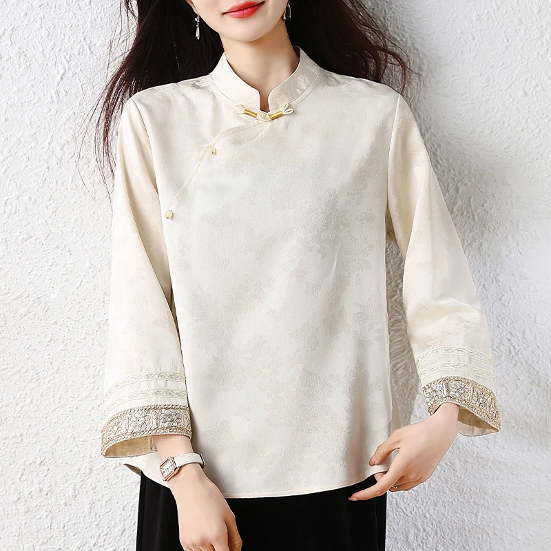 

New Chinese Style Embroidered Long Sleeve Shirt Women's Stand Collar Button up Top Spring Fashion Floral Print Breathable Pol...