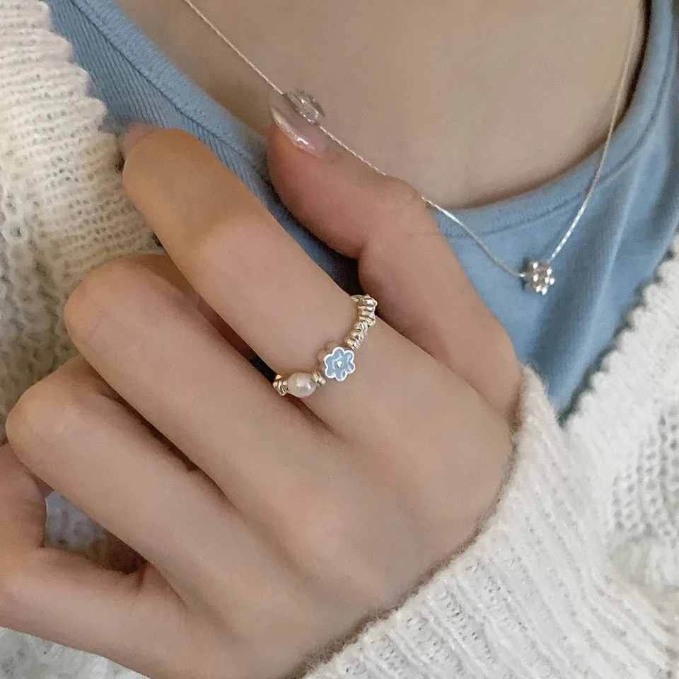 Women's Minimalist 925 Sterling Silver Blue Flower Ring