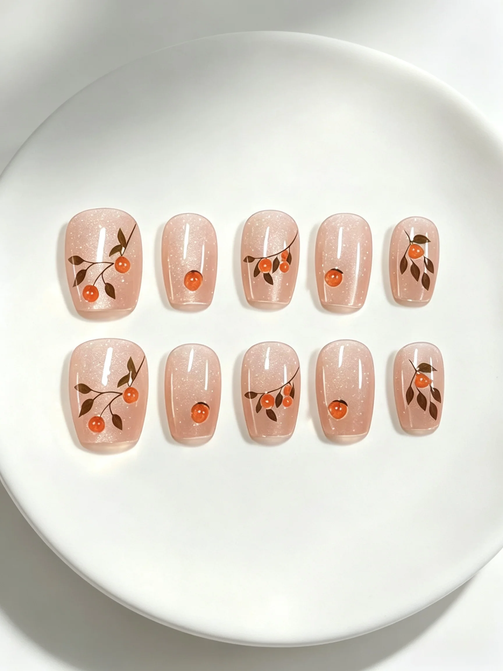 10-Piece Set of Persimmon-Colored Nude Pink Cat-Eye Short Square-Round Press-On Nails, Suitable for Autumn Daily Commuting, Girls' Outings, Creating a Gentle Atmosphere, Photo Shoots, Pairing with Autumn and Winter Knitted Coats, and Holiday Blessing Styles.