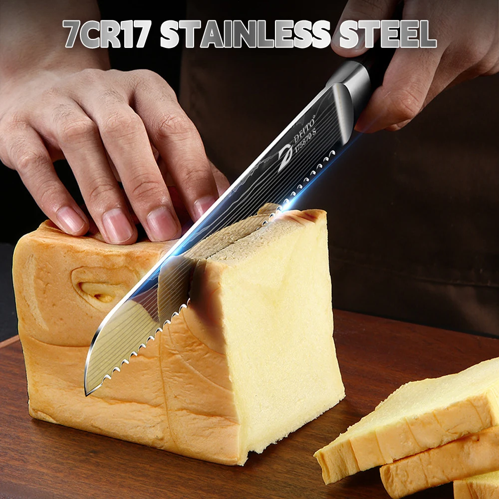 MDHAND Kitchen Bread Knife Serrated Design Laser Damascus Kitchen Knives 7CR17 Stainless Steel Blade Bread Chef Knives gift box