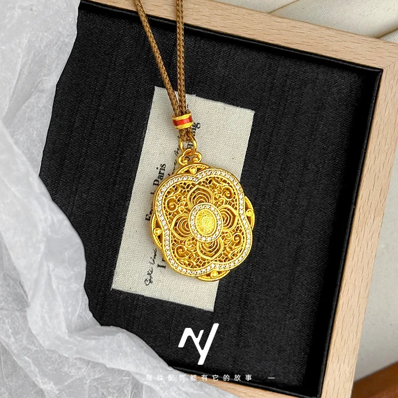 

999 real gold diamond perforated filigree Four-leaf Flower Buddha pendant, ethnic style filigree woven rope necklace
