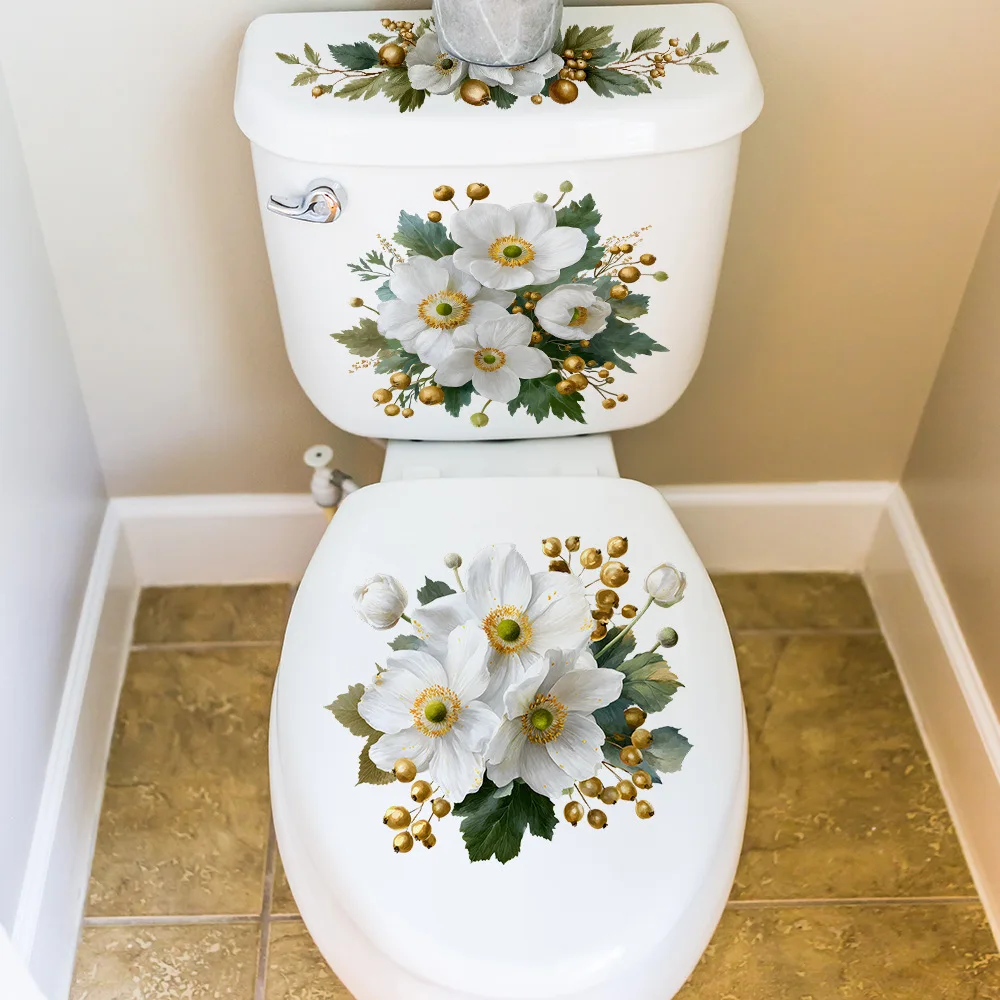 Weiße Blumen- und Goldbeeren-Toilettenwandaufkleber, florale Badezimmeraufkleber, wasserfest, abnehmbar, selbstklebend, für Toilettendeckel, Tank, Zuhause