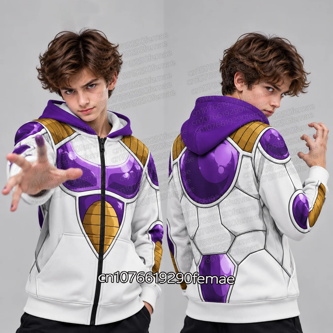 Frieza Cosplay Zip Up Hoodie Anime White Purple Gold Armor Print Jacket Kids Unisex Hooded Sweatshirt Teens Casual Streetwear