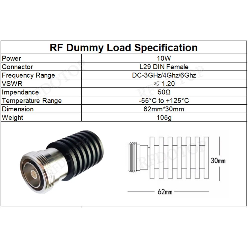 10W 3Ghz/4Ghz/6Ghz L29 DIN Female RF Coaxial Termination Dummy Load 50 Ohm Connector Socket Brass Straight Coaxial RF Adapter