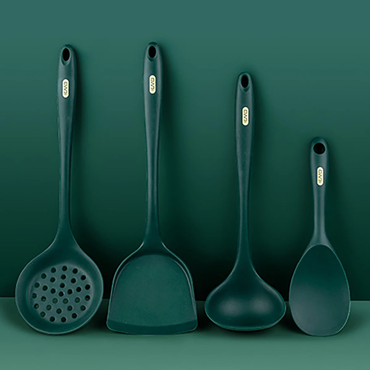 4Pcs Green Silicone Kitchen Utensils Set Non-Stick Kitchenware Cookware Spatula Soup Spoon Rice Scoop Colander Kitchen Tools Set