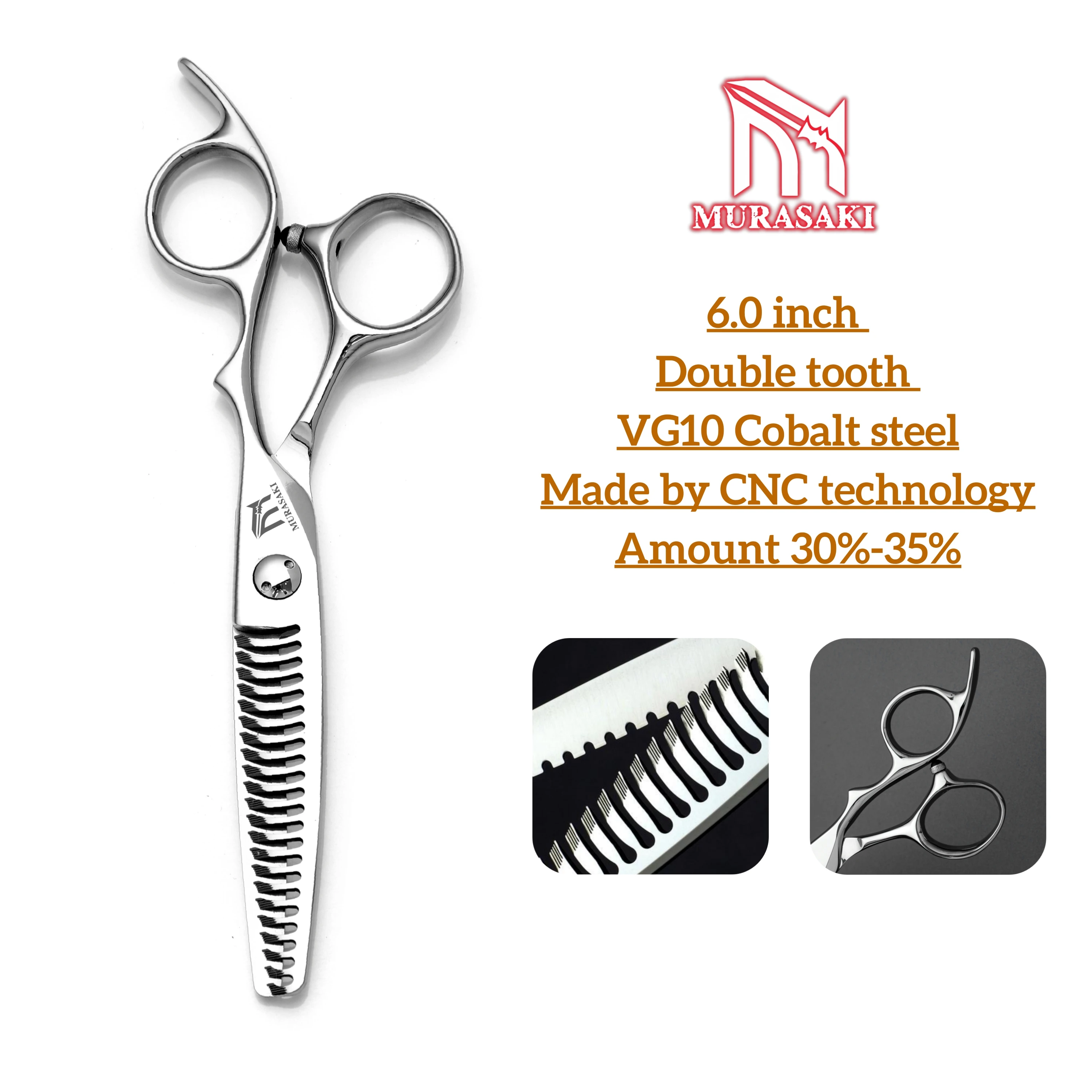 

MURASAKI Professional barber scissors，6.0 inch Double tooth thinning shears，Top-level CNC technology and VG10 steel hair tools
