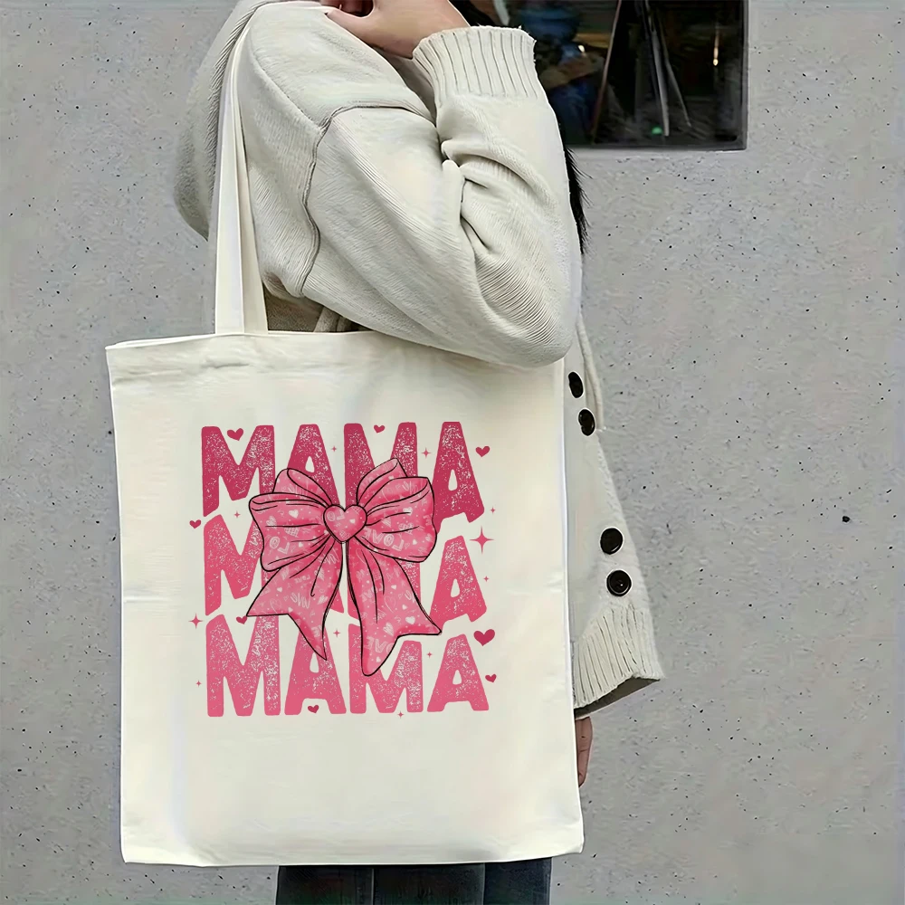 Cute Mama Canvas Tote Bag Pink Ribbon Bow Heart Star Mothers Day Gift Reusable School Bookbag Shoulder Purse