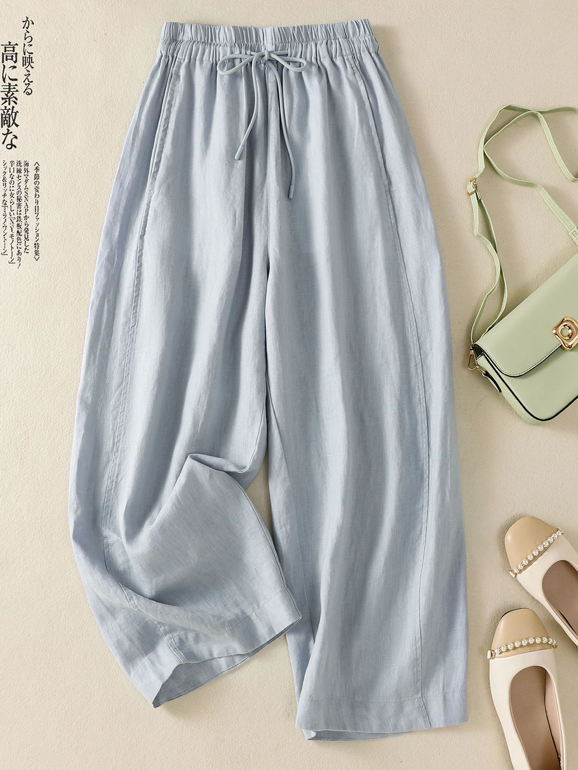 

Художественные однотонные хлопковые и льняные широкие брюки с эластичной резинкой на талии, повседневные утягивающие брюки с девятью точками для женщин больших размеров