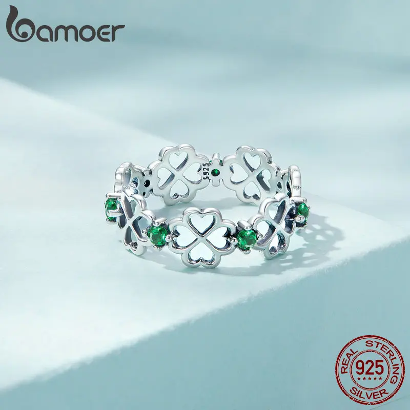 BAMOER 100% 925 Sterling Silver Four Leaf Clover Ring Good Luck Band Rings Size 6 to 9 for Women Girl Fashion Jewelry Gifts