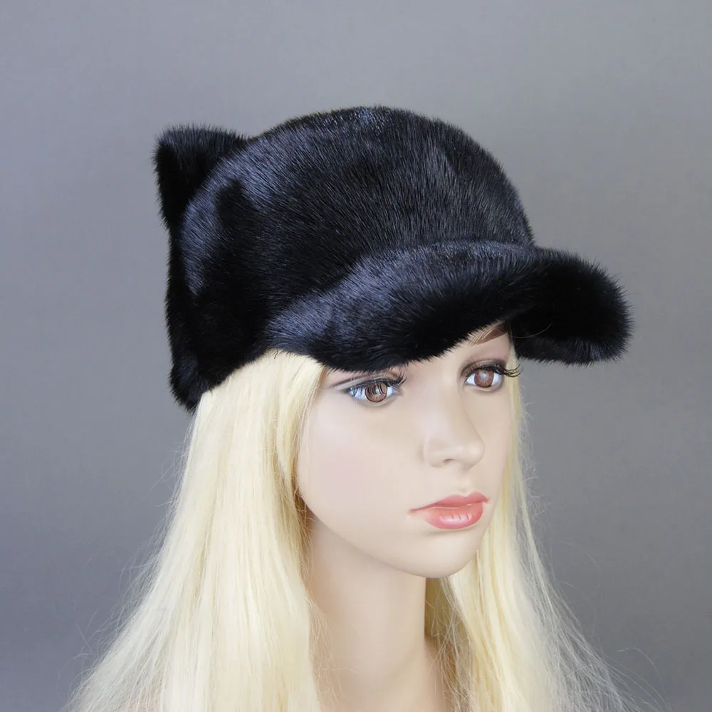 Autumn Winter Hat For Girl Women With Warm Luxury Natural Mink Fur Hat Stylish Design Bonnets Distinctive hat with Tail Ears Cap